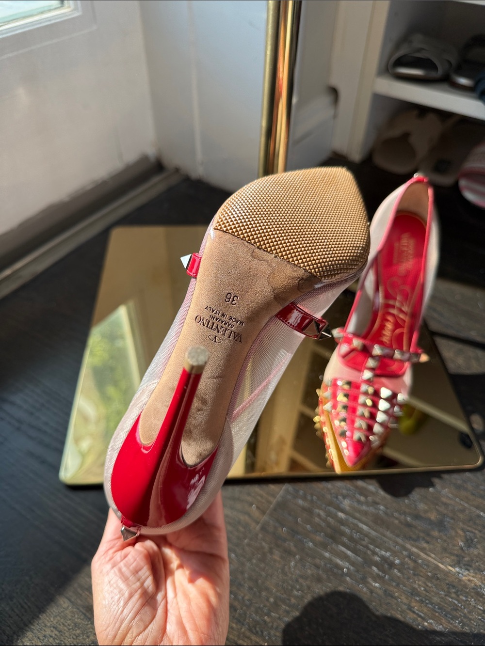 Valentino Garavani red and Gold Studded Pointed-Toe Flats - Picture 7 of 13